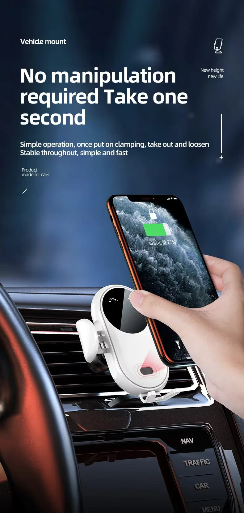 Hand holding a phone above a car mount with text about ease of use.
