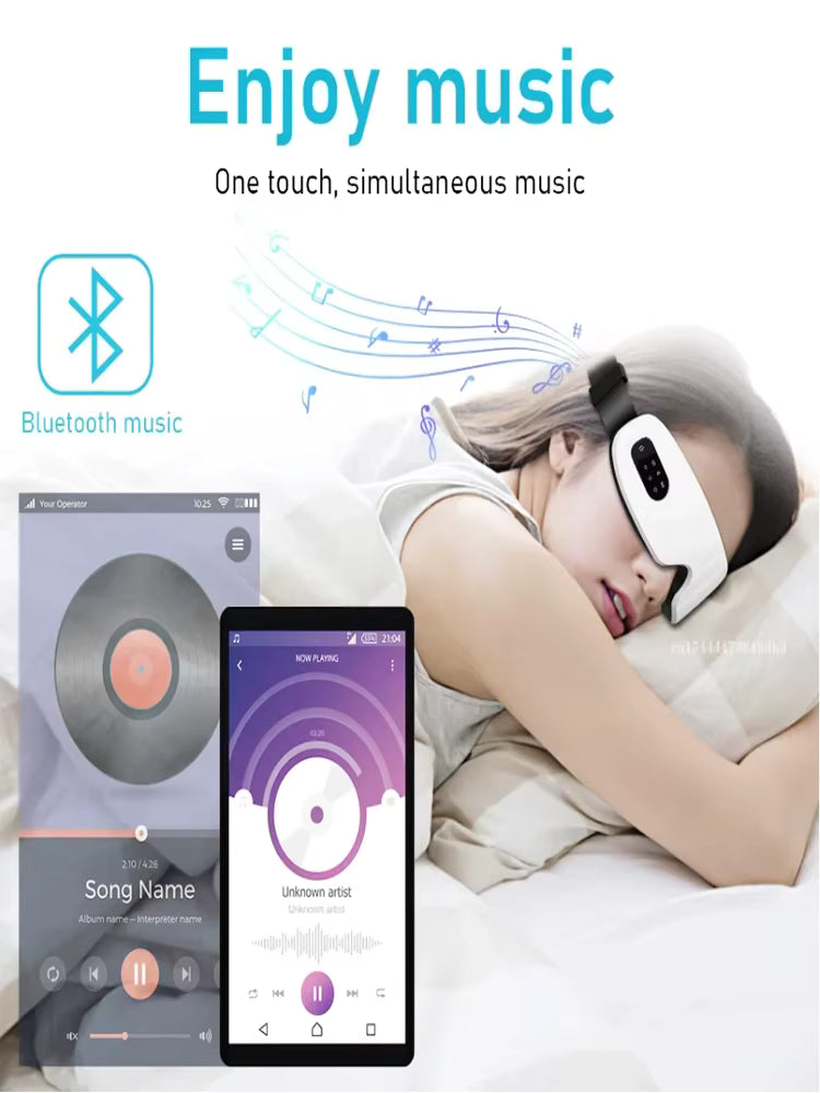 Person wearing Bluetooth eye mask with music app interface and text 'Enjoy music' on a white background