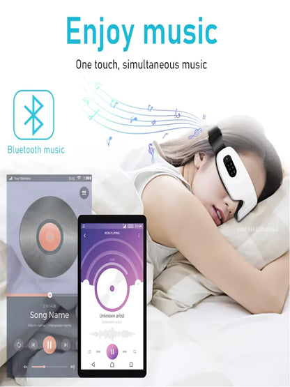 Person wearing Bluetooth eye mask with music app interface and text 'Enjoy music' on a white background