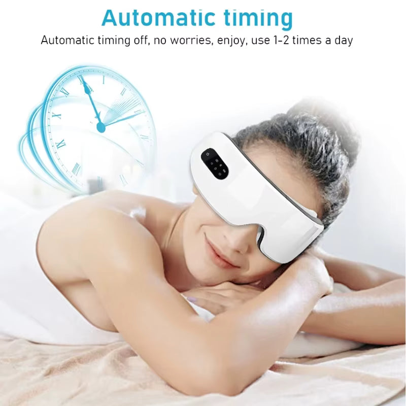 Woman using a white eye massager with an automatic timing feature displayed.