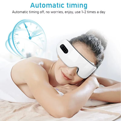 Woman using a white eye massager with an automatic timing feature displayed.