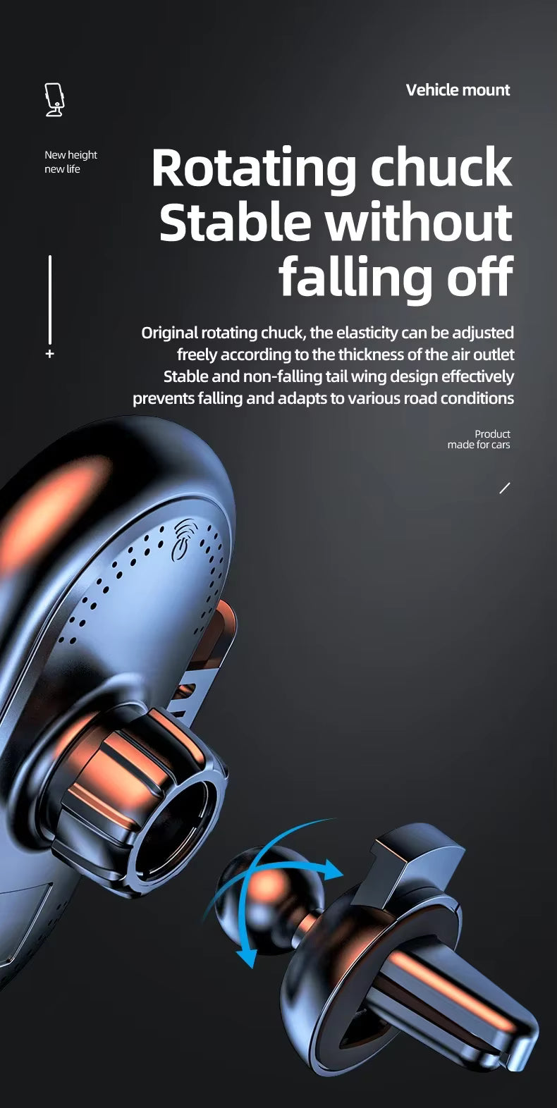 Vehicle phone mount with rotating chuck feature on a dark background