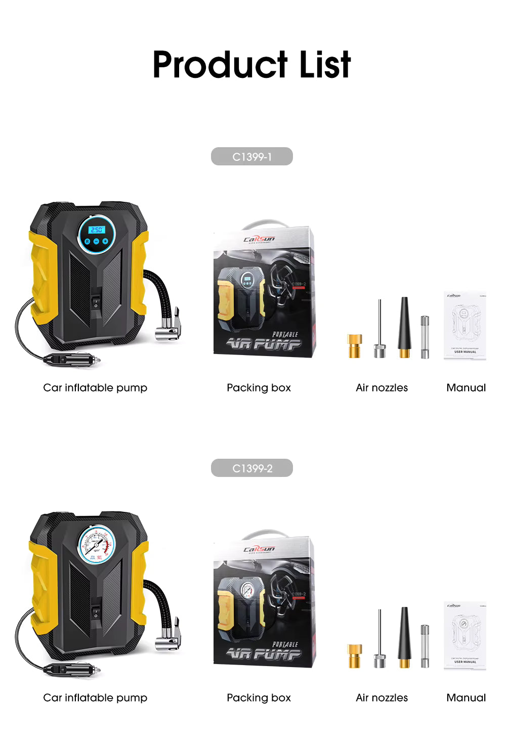 Product list of car inflatable pump with packaging, air nozzles, and manual on a white background.