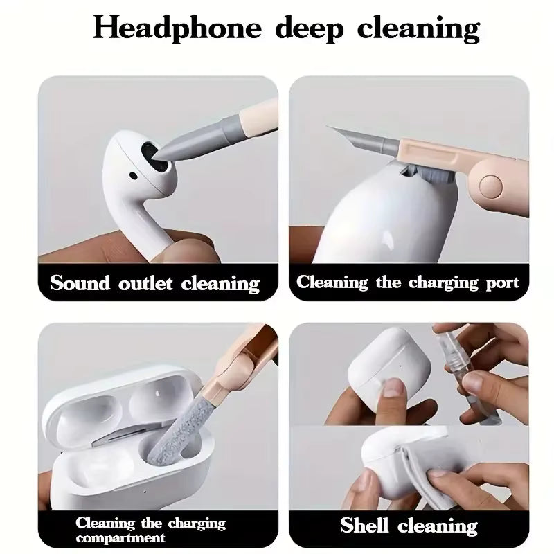 Step-by-step guide on cleaning a pair of wireless earbuds with a cleaning tool.