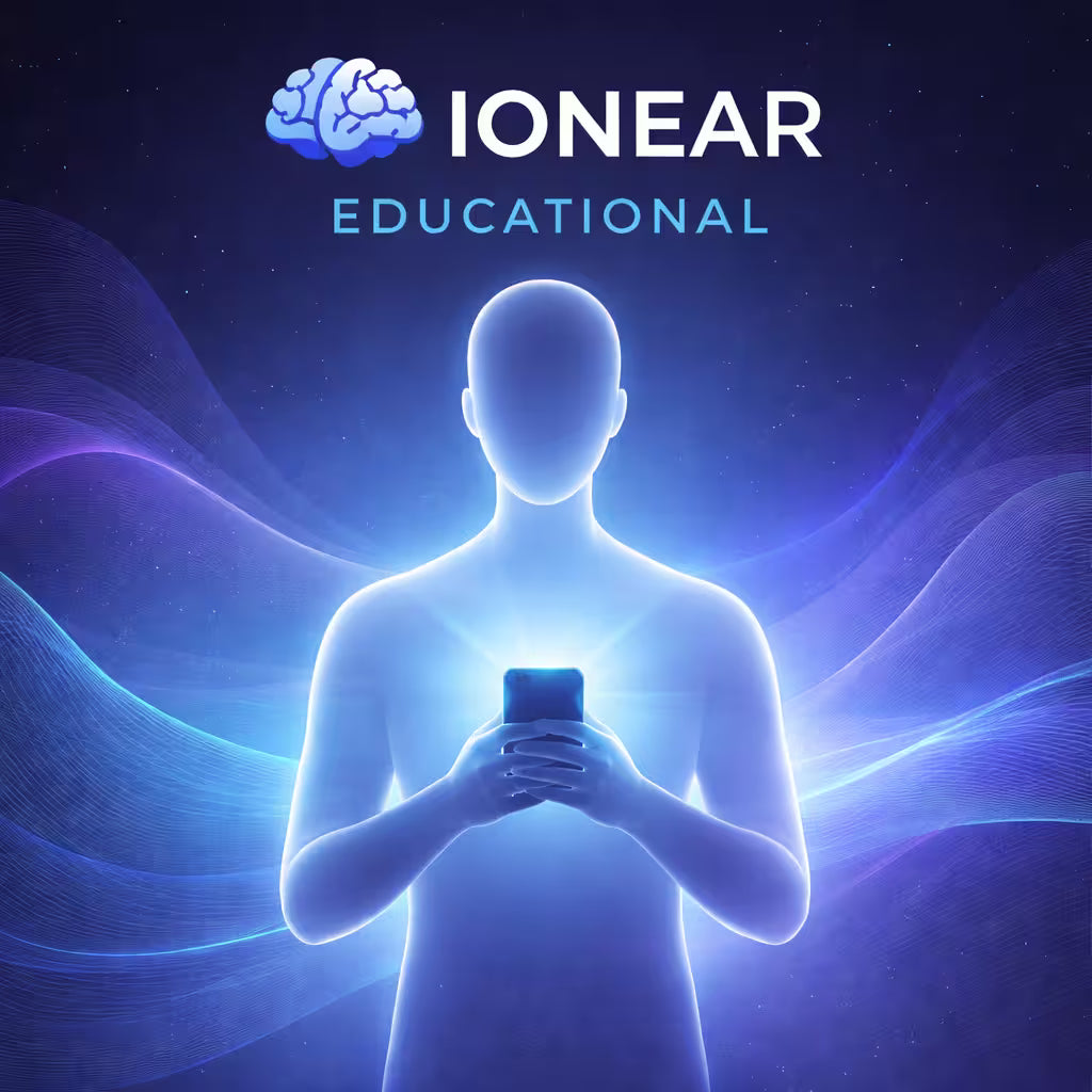 Person holding a phone with IONEAR Educational logo on a dark blue background