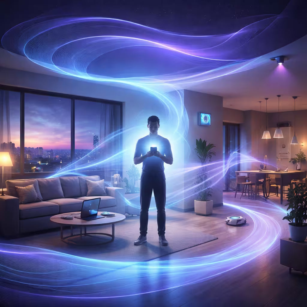 Man holding a glowing device in a modern living room with mobile radiation energy effects.