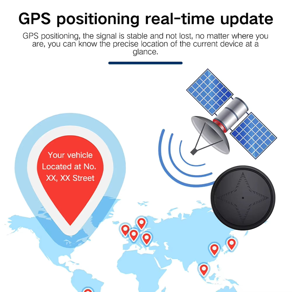 Diagram of GPS positioning system with satellite, location pin, and map.