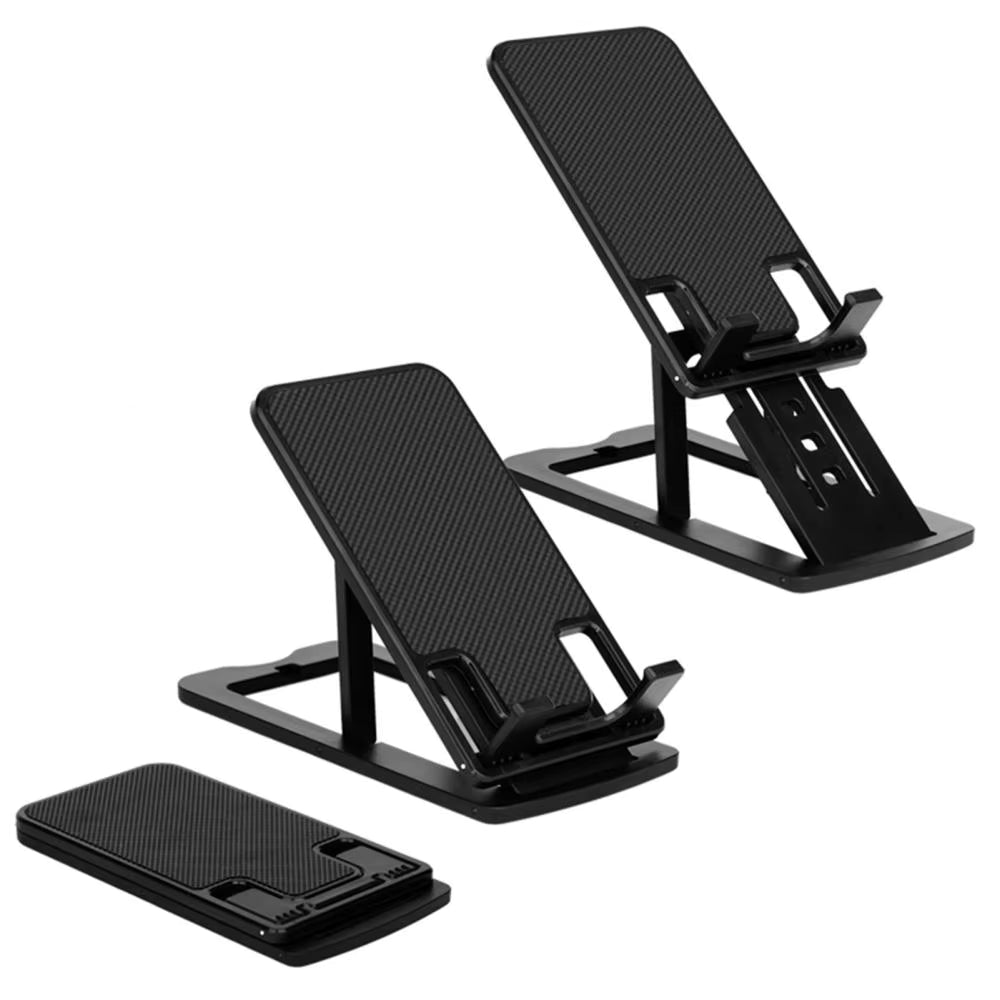 Two black adjustable phone stands on a white background