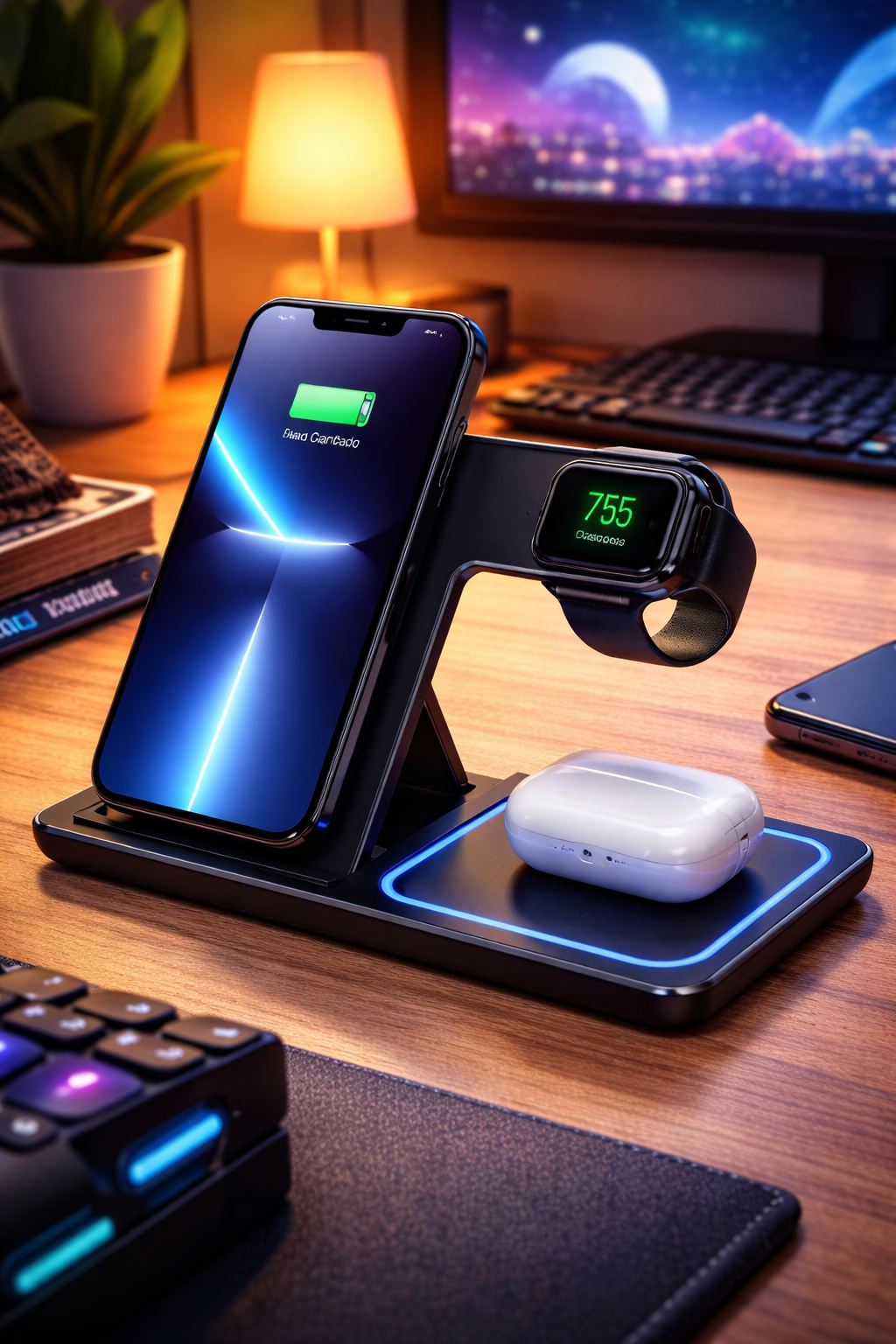 Wireless charging station on a desk with phone, watch, and airpods charging.