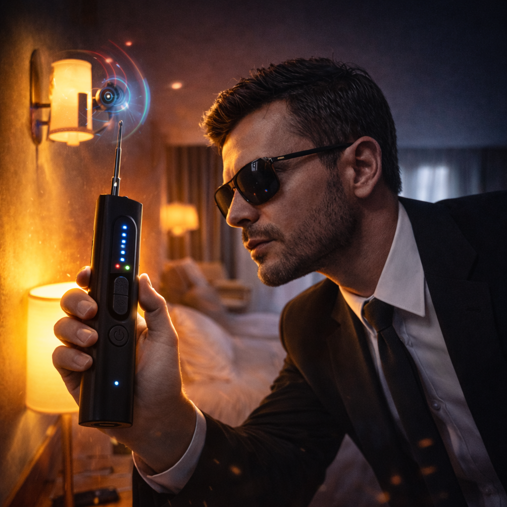 Man in a suit holding a device with a glowing screen in a dimly lit room.