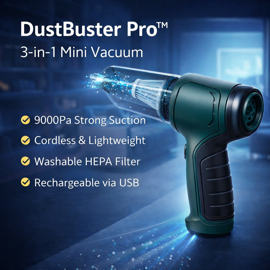 DustBuster Pro 3-in-1 Mini Vacuum with features highlighted on a dark background