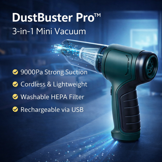 DustBuster Pro 3-in-1 Mini Vacuum with features highlighted on a dark background