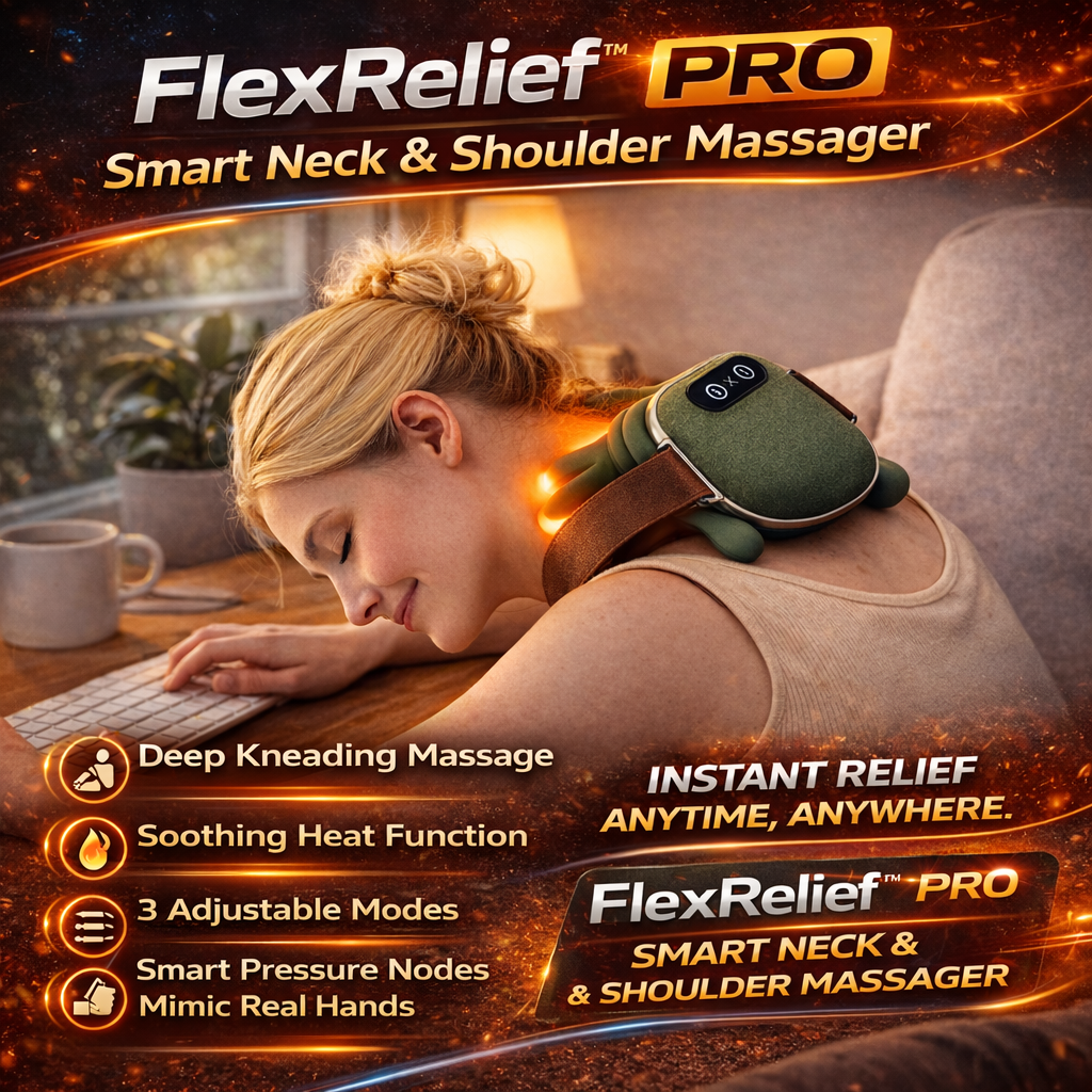 Woman using a FlexRelief Pro smart neck and shoulder massager while working on a computer.