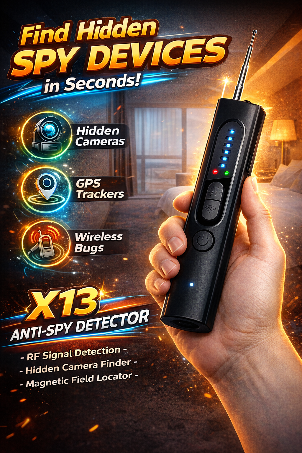 Hand holding an anti-spy device with features highlighted on a dark background