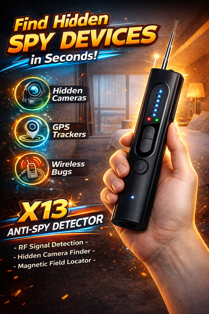 Hand holding an anti-spy device with features highlighted on a dark background