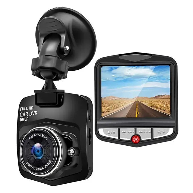 Car DVR with suction cup and display screen showing road scenery on a white background