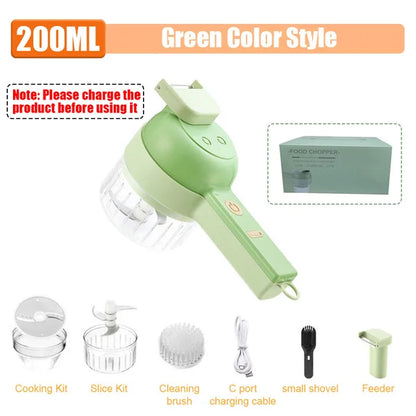Green handheld food chopper with accessories and packaging on a white background