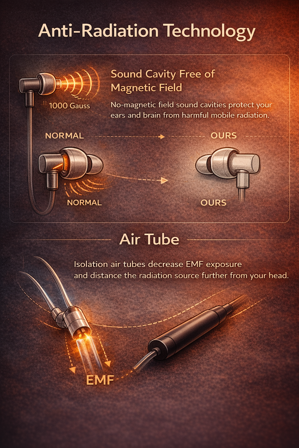Earbud design with anti-radiation technology on a dark background