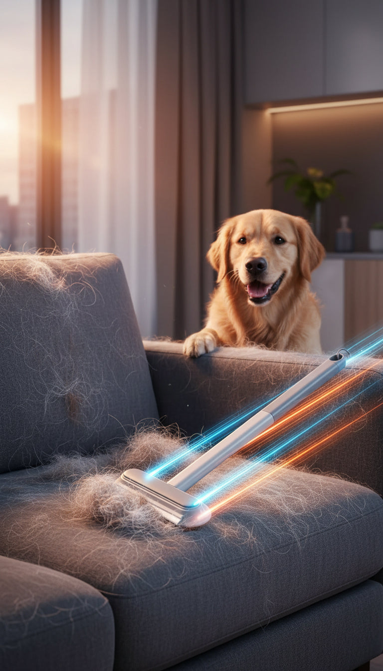 Dog looking at a vacuum cleaner on a sofa with pet hair