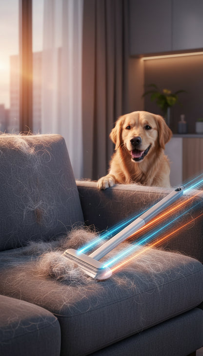 Dog looking at a vacuum cleaner on a sofa with pet hair