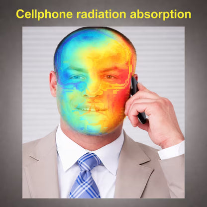 Man talking on a phone with a colorful heat map of radiation absorption on his head.