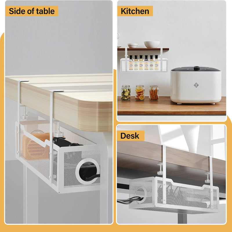 Collage of a pull-out drawer system in various locations including a kitchen and desk.