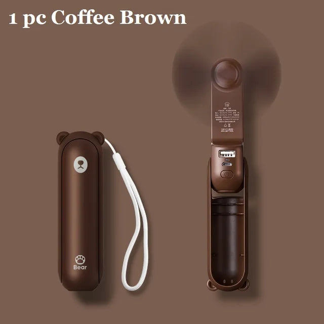 Coffee brown handheld fan with carrying case on a brown background
