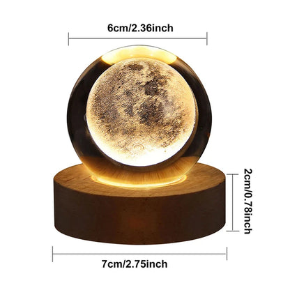 Moon lamp with wooden base and measurements on a white background