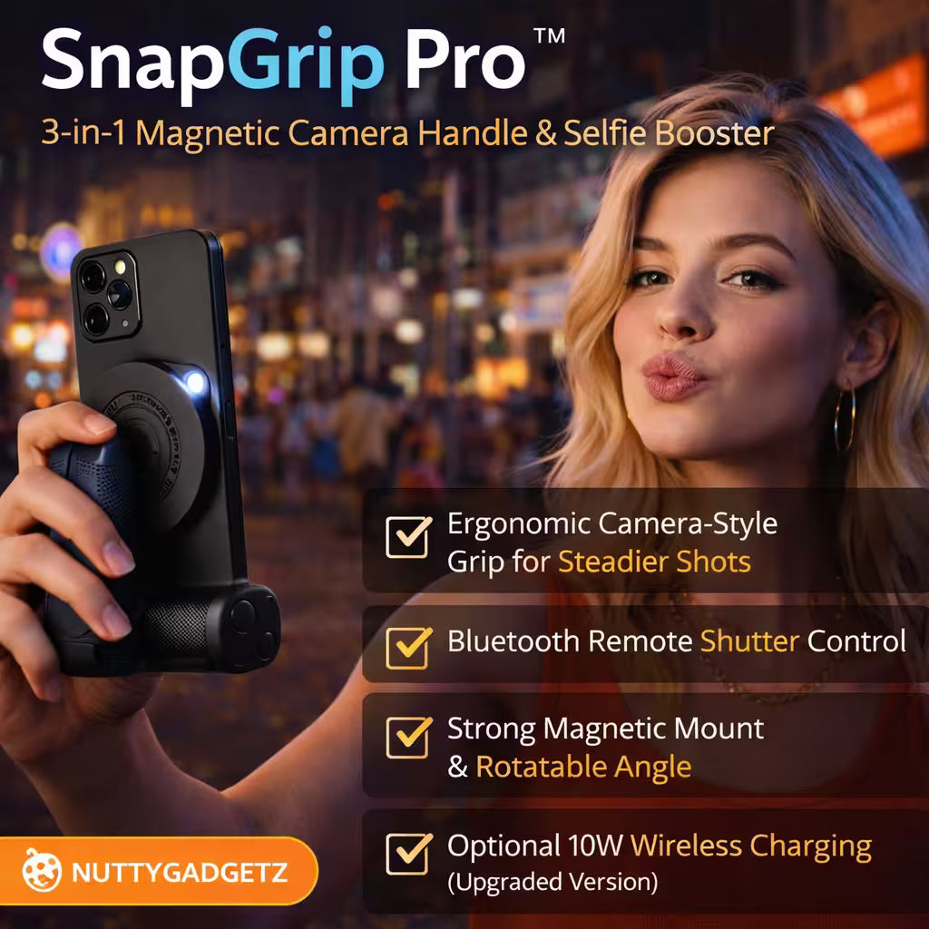 SnapGrip Pro magnetic camera handle and selfie booster with a woman taking a selfie, set against a blurred city street background.