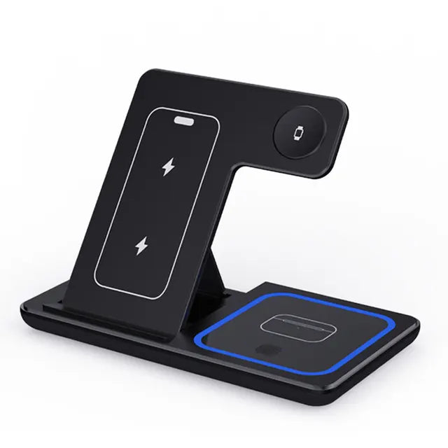 Black wireless charging stand with smartphone and tablet slots on a white background