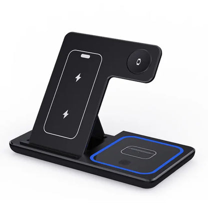 Black wireless charging stand with smartphone and tablet slots on a white background