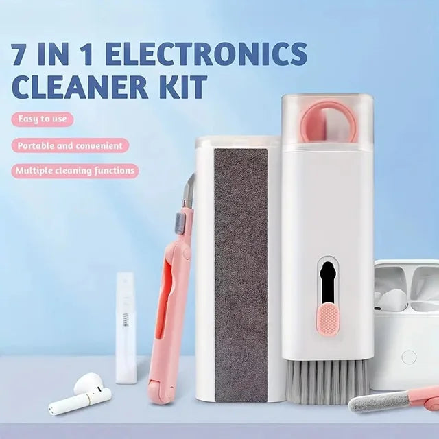 7-in-1 Electronics Cleaner Kit with various cleaning tools on a light blue background