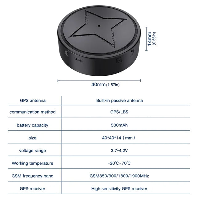 Black GPS tracker with dimensions and technical specifications on a white background