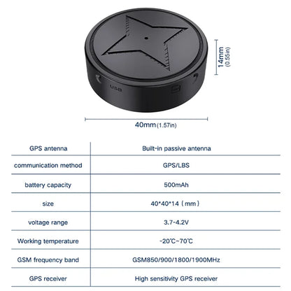 Black GPS tracker with dimensions and technical specifications on a white background