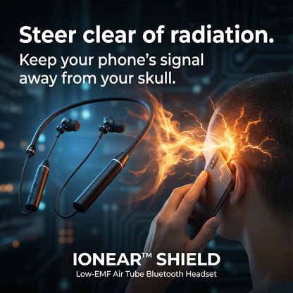 Ionear Shield Bluetooth headset with a hand holding a phone, surrounded by radiation glowing energy effects.