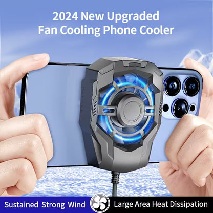 Fan cooling phone cooler with blue light on a smartphone, held by hands against a blue gradient background.