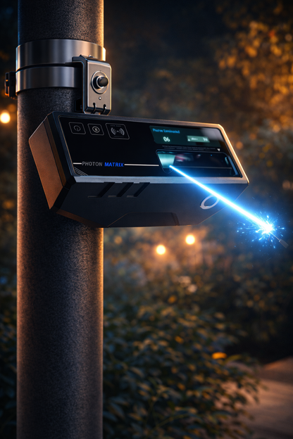 Photon Matrix Mosquito Defense system with a laser emitting from it, attached to a pole at night.