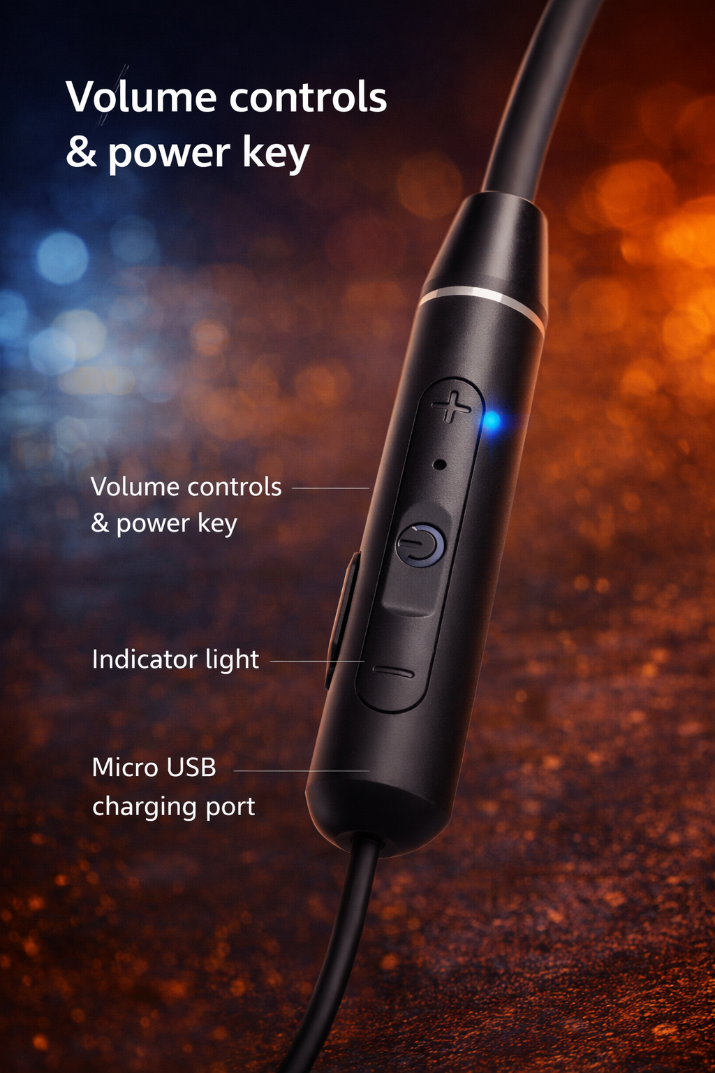 Black electronic device with volume controls, power key, indicator light, and micro USB charging port on a dark background.