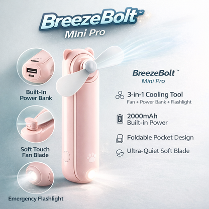 Pink BreezeBolt Mini Pro cooling tool with features highlighted on a light gray background