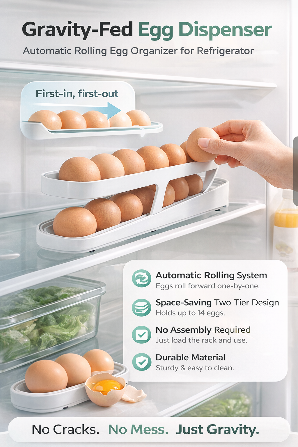 Gravity-fed egg dispenser for refrigerator with text highlighting features