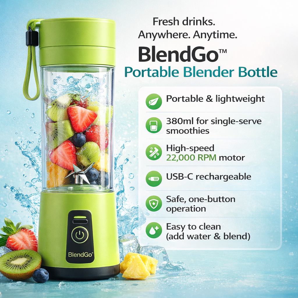 Green BlendGo portable blender bottle with fruits and features listed on a light blue background