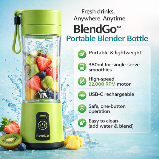 Green BlendGo portable blender bottle with fruits and features listed on a light blue background