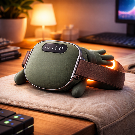 Green neck massage device with a brown strap on a wooden surface, possibly a desk or table.