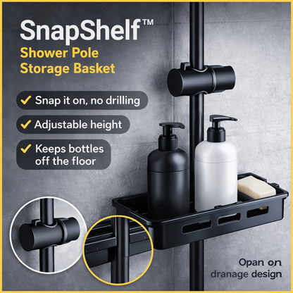 SnapShelf shower pole storage basket with bottles and soap on a gray tiled wall background
