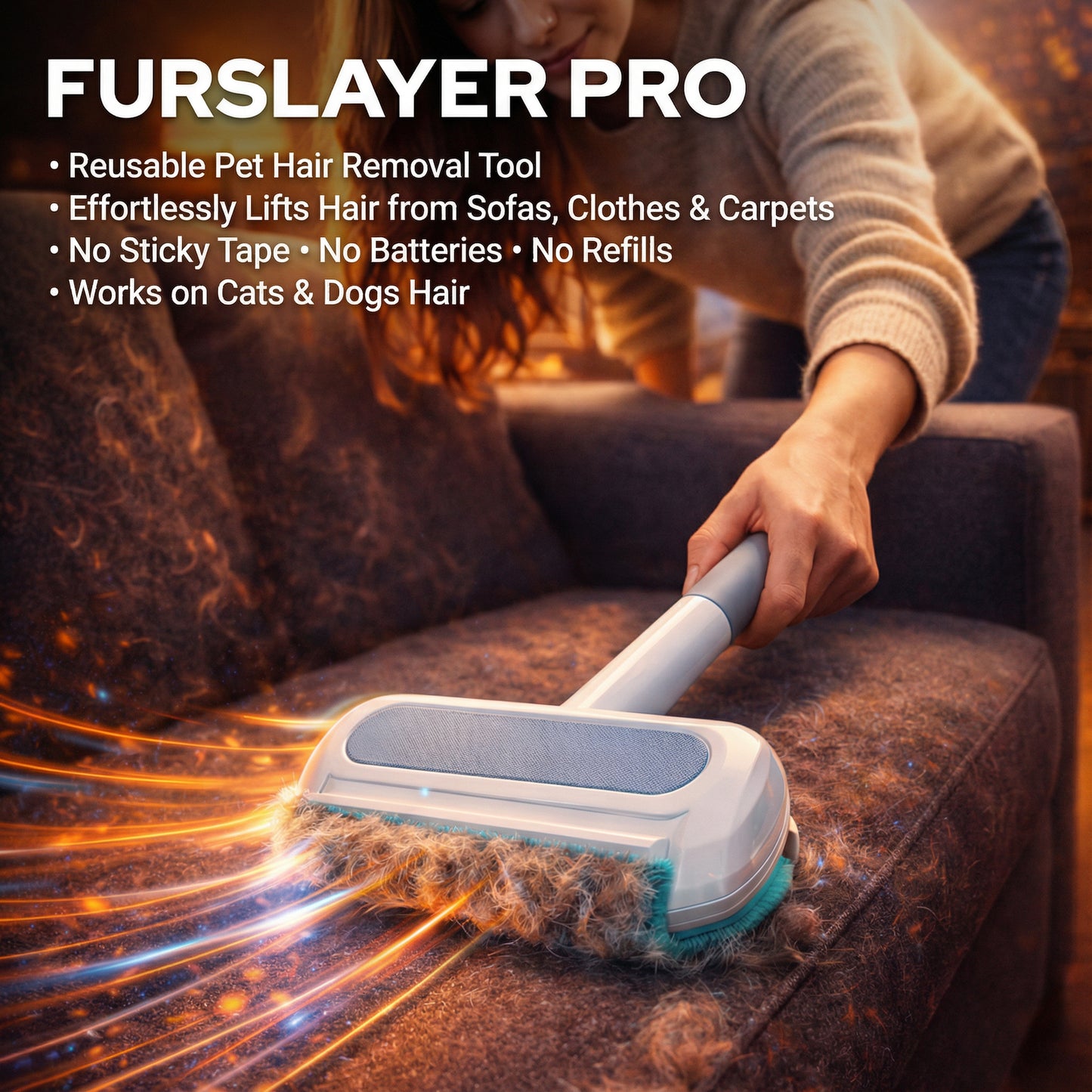 Person using a Furslayer Pro tool to remove pet hair from a sofa.