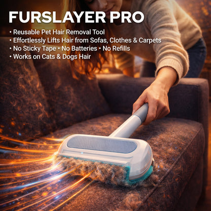 Person using a Furslayer Pro tool to remove pet hair from a sofa.
