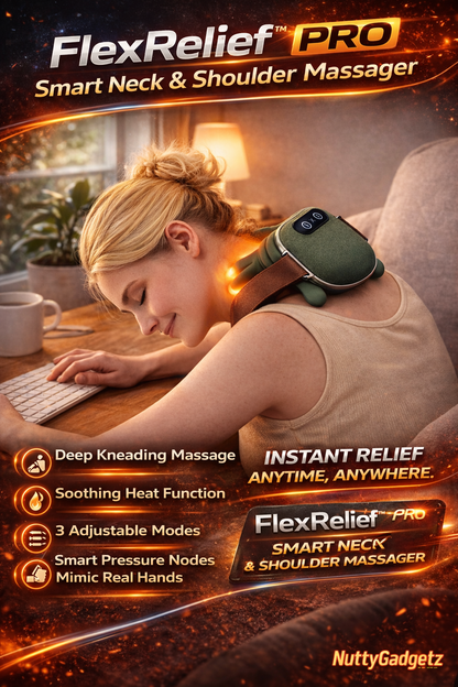 Woman using a FlexRelief Pro smart neck and shoulder massager while working on a computer.