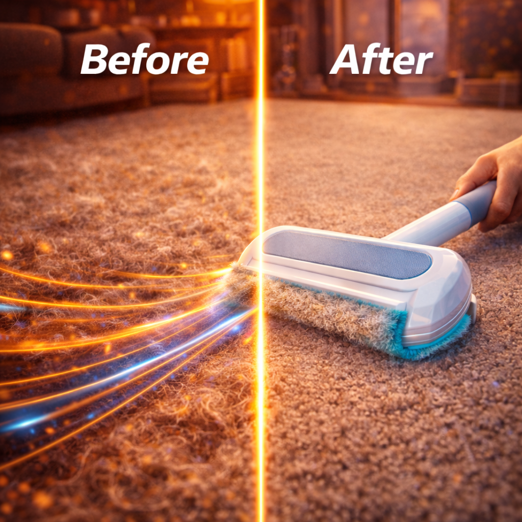 Before and after cleaning a carpet with a cleaning tool.