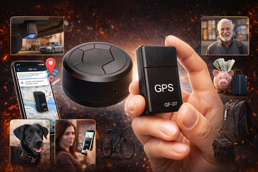 Hand holding a GPS device with various applications and features displayed on a dark background.
