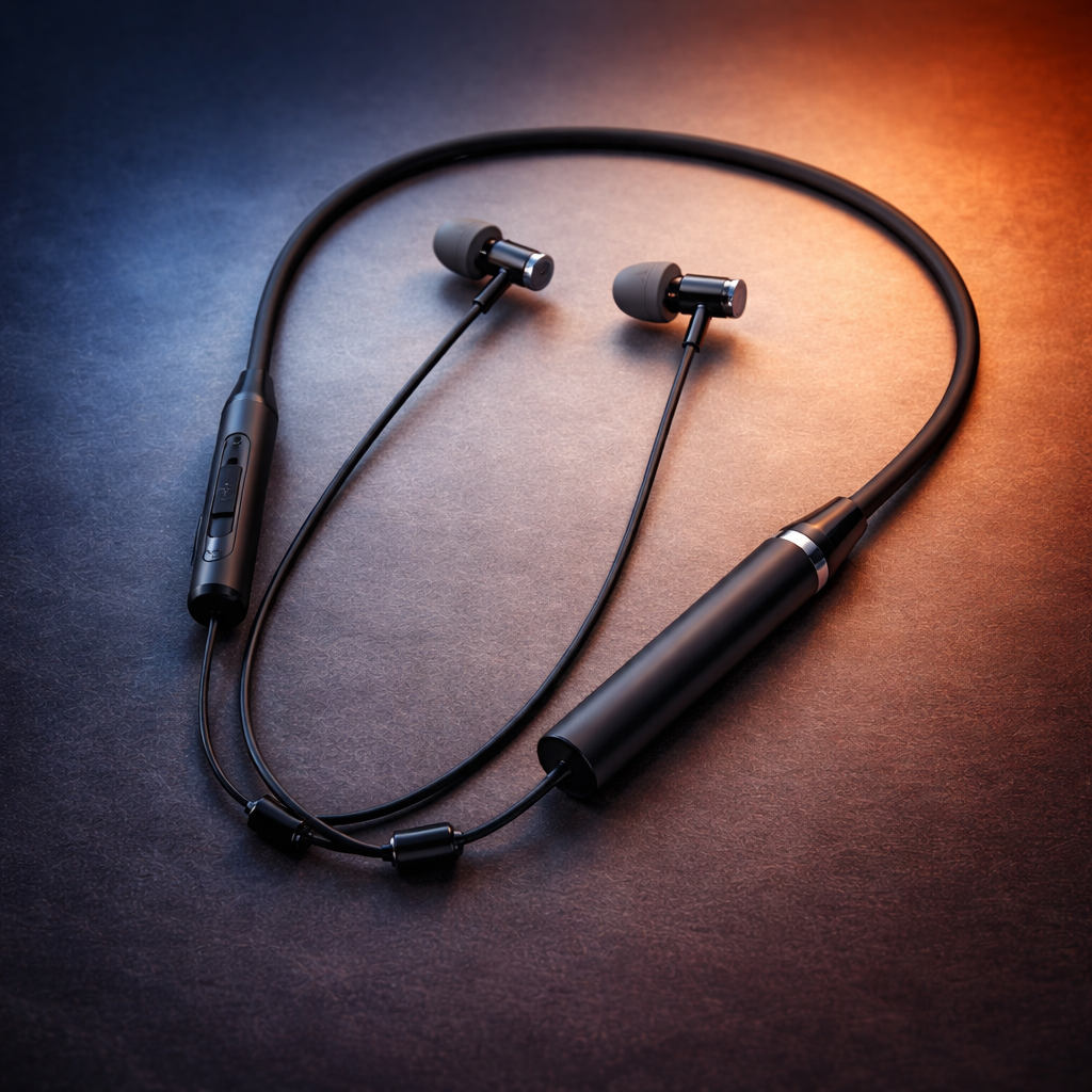 Black wireless earbuds with a neckband on a dark surface